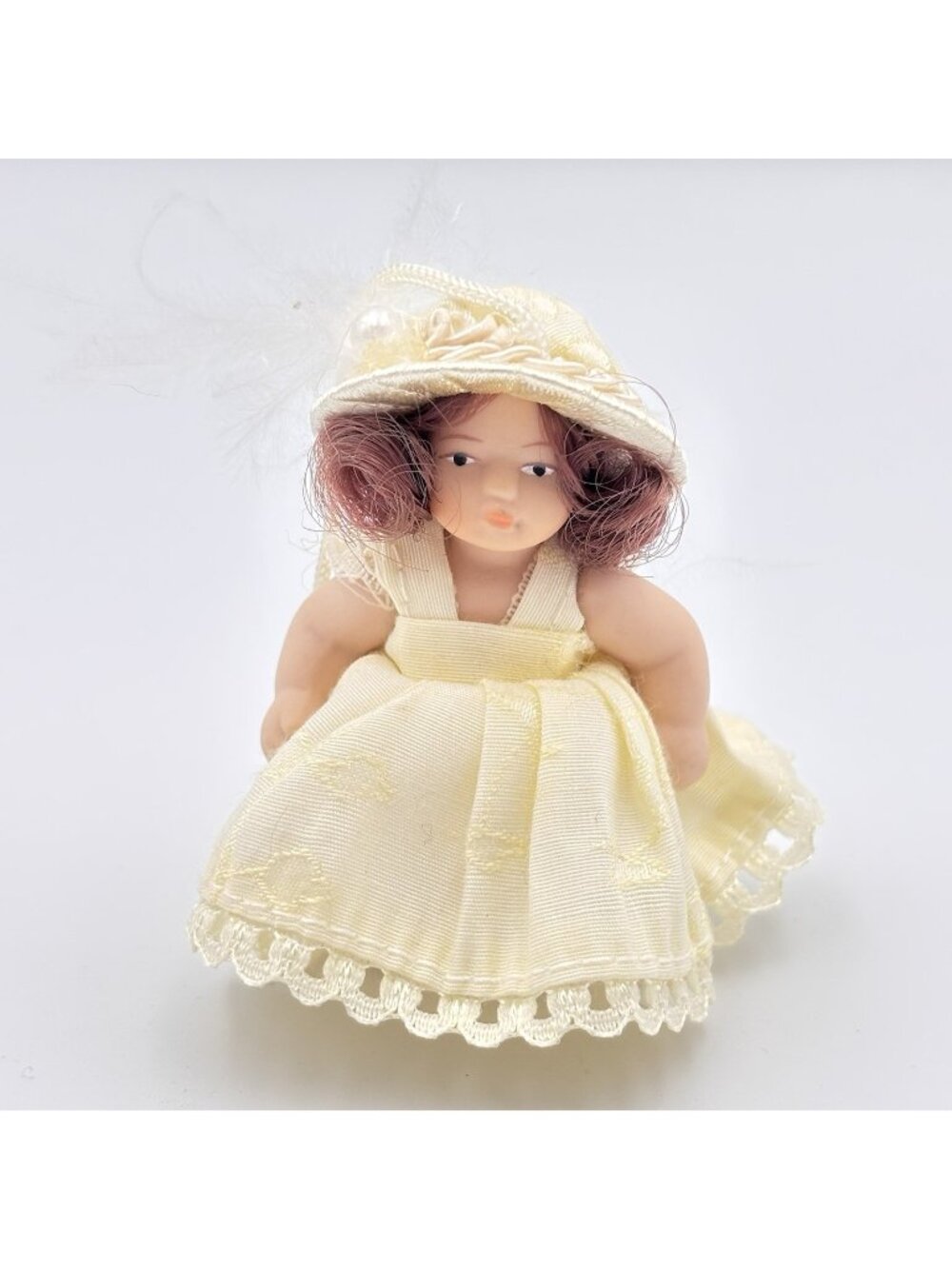 Miniature Porcelain Victorian Doll Christmas Ornament Cream Dress Beaded Hat 2”